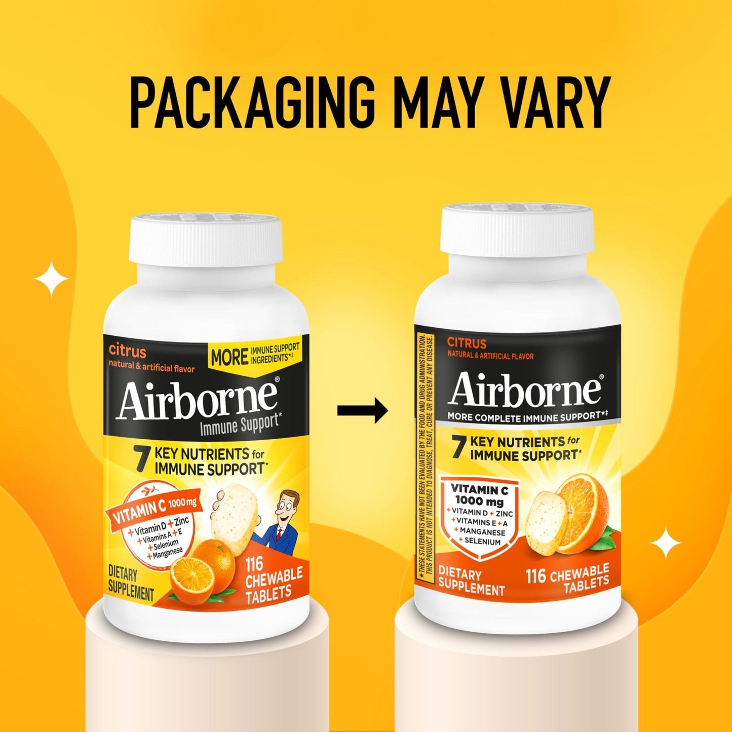 Airborne Vitamin C 1000mg (per Serving) - Citrus Chewable Tablets (116 Count in a Bottle), Gluten-Free Immune Support Supplement, with Vitamins A C E, Zinc, Selenium - Maple Wellness Supplements