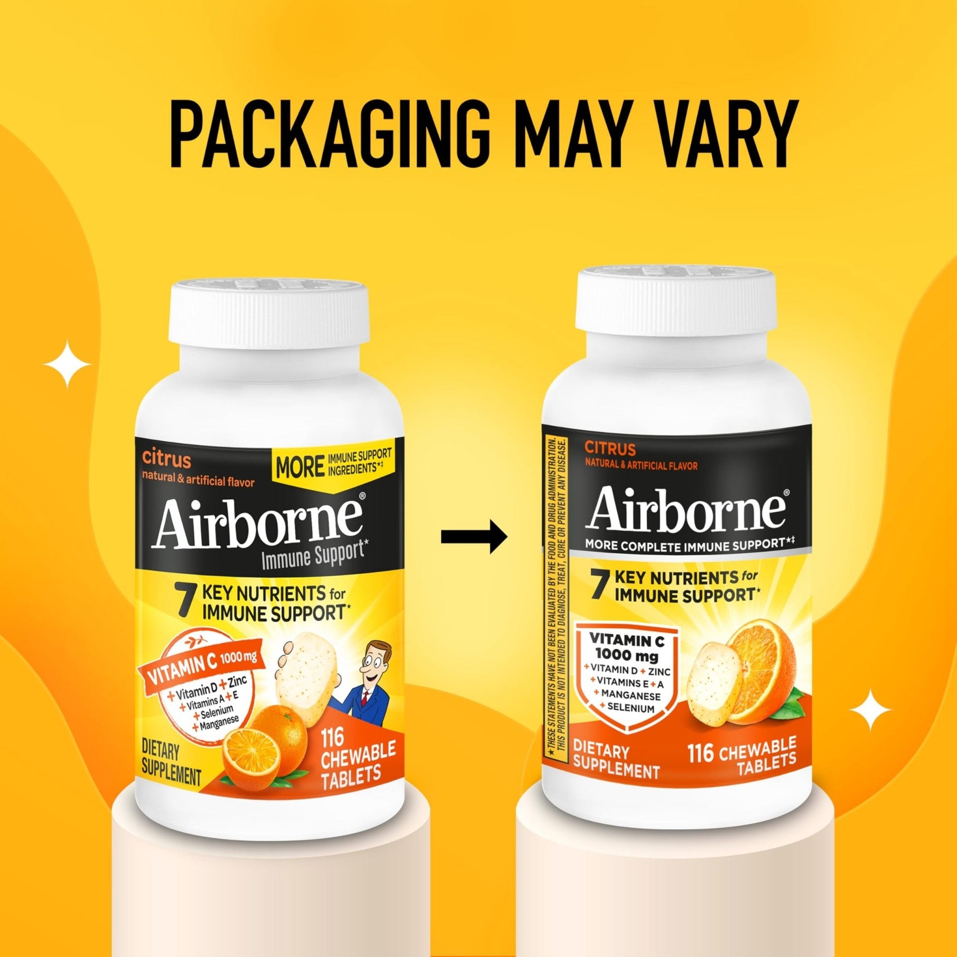 Airborne Vitamin C 1000mg (per Serving) - Citrus Chewable Tablets (116 Count in a Bottle), Gluten-Free Immune Support Supplement, with Vitamins A C E, Zinc, Selenium - Maple Wellness Supplements