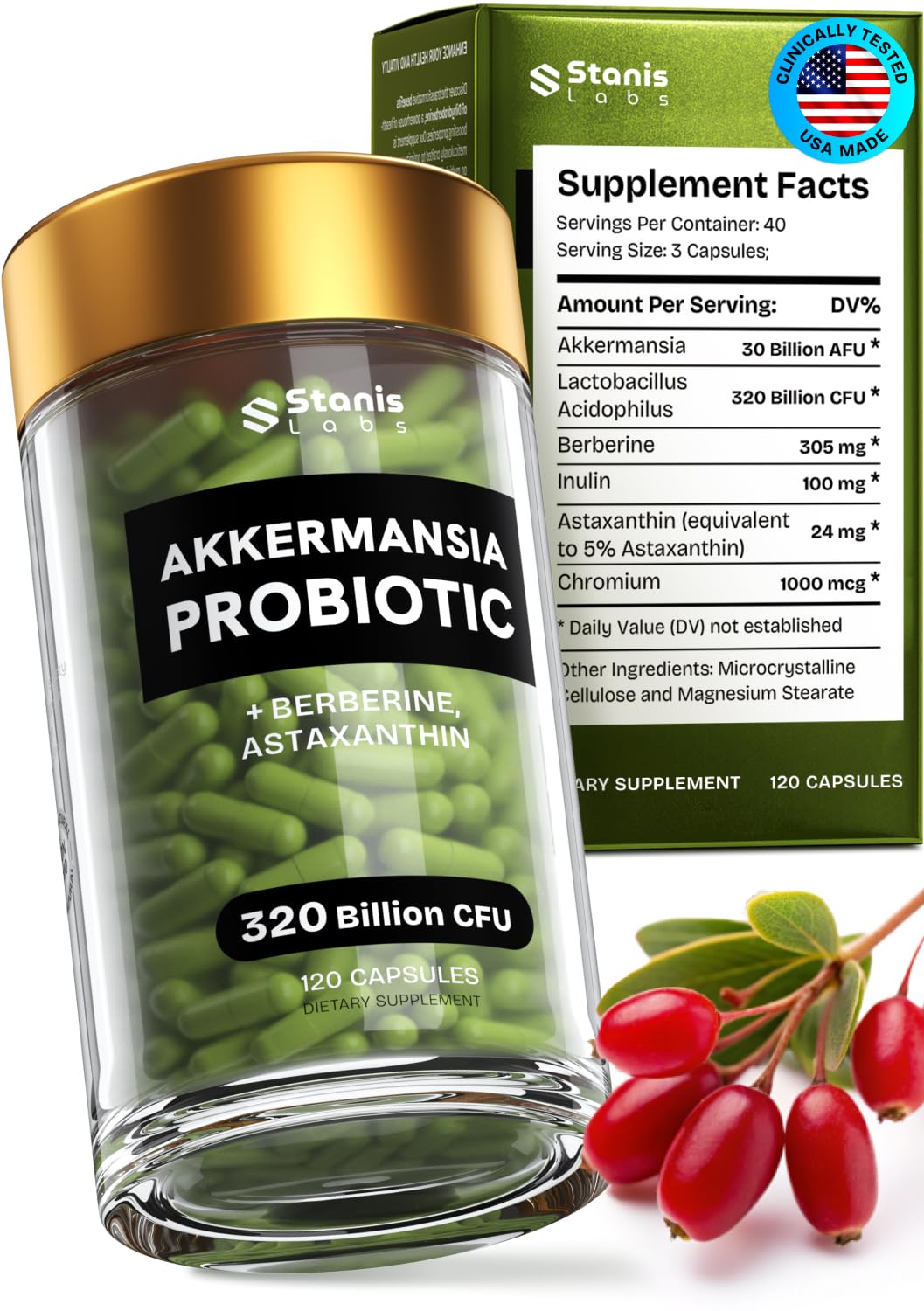 Akkermansia Muciniphila Probiotics 320 Billion CFU| Probiotic and Prebiotic | Akkermansia Probiotics for gut health | Inulin Prebiotic Fiber Capsules Astaxanthin & Berberine & Chromium | 120 capsules - Maple Wellness Supplements