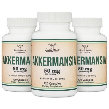 Akkermansia Probiotic and Postbiotic (Increases GLP-1 Production) 120 Capsules, 50mg per Serving (Third Party Tested to 5 Billion TFU per Serving, 50 Billion CFU per Gram) by Double Wood - Maple Wellness Supplements