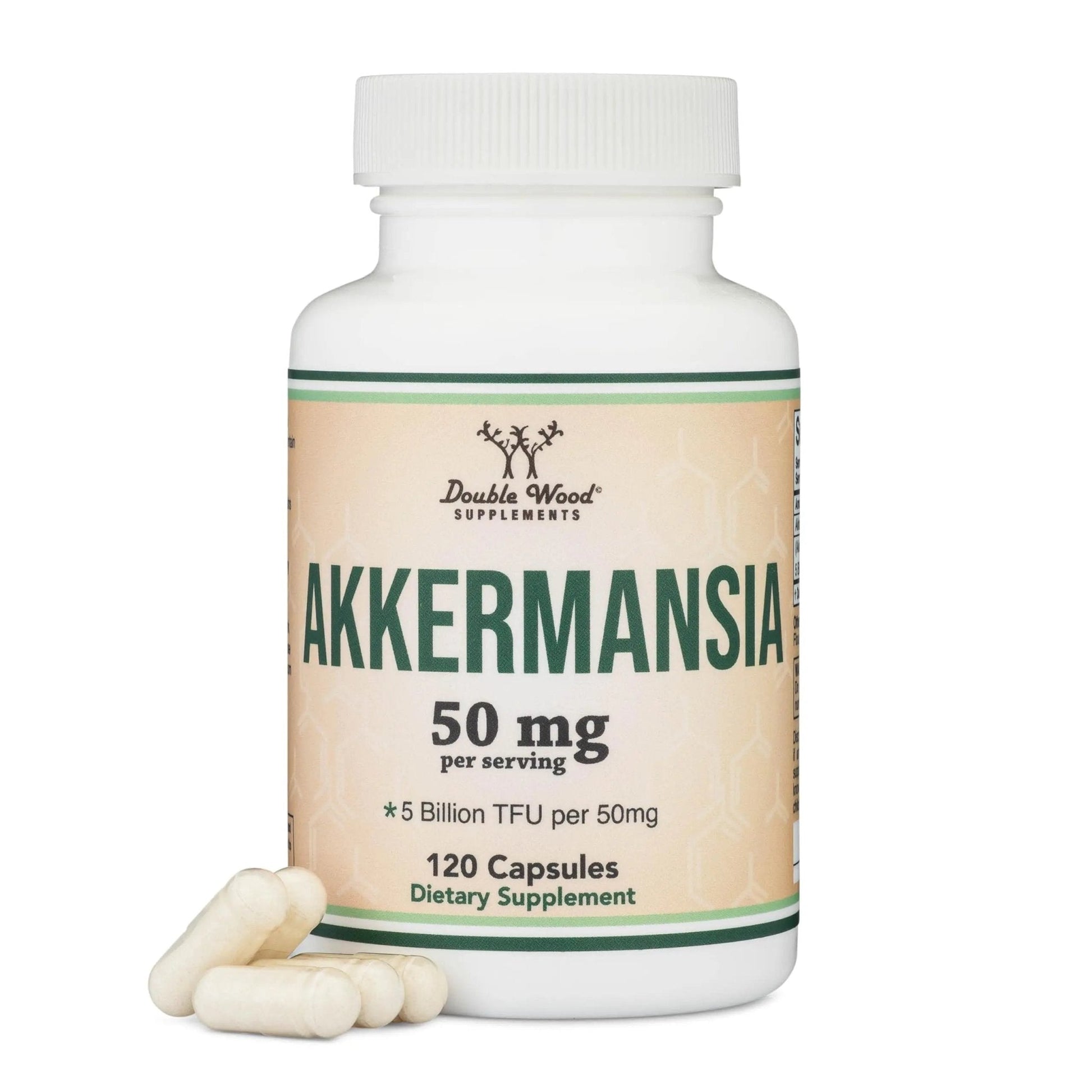 Akkermansia Probiotic and Postbiotic (Increases GLP-1 Production) 120 Capsules, 50mg per Serving (Third Party Tested to 5 Billion TFU per Serving, 50 Billion CFU per Gram) by Double Wood - Maple Wellness Supplements