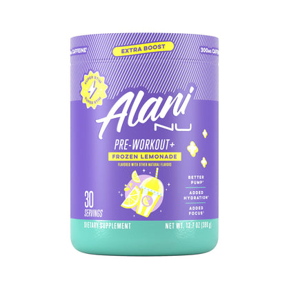 Alani Nu Pre Workout+ Powder Frozen Lemonade, Extra Boost, Sugar Free, 300mg Caffeine, L-Theanine, Beta-Alanine, Citrulline, 30 Servings - Maple Wellness Supplements