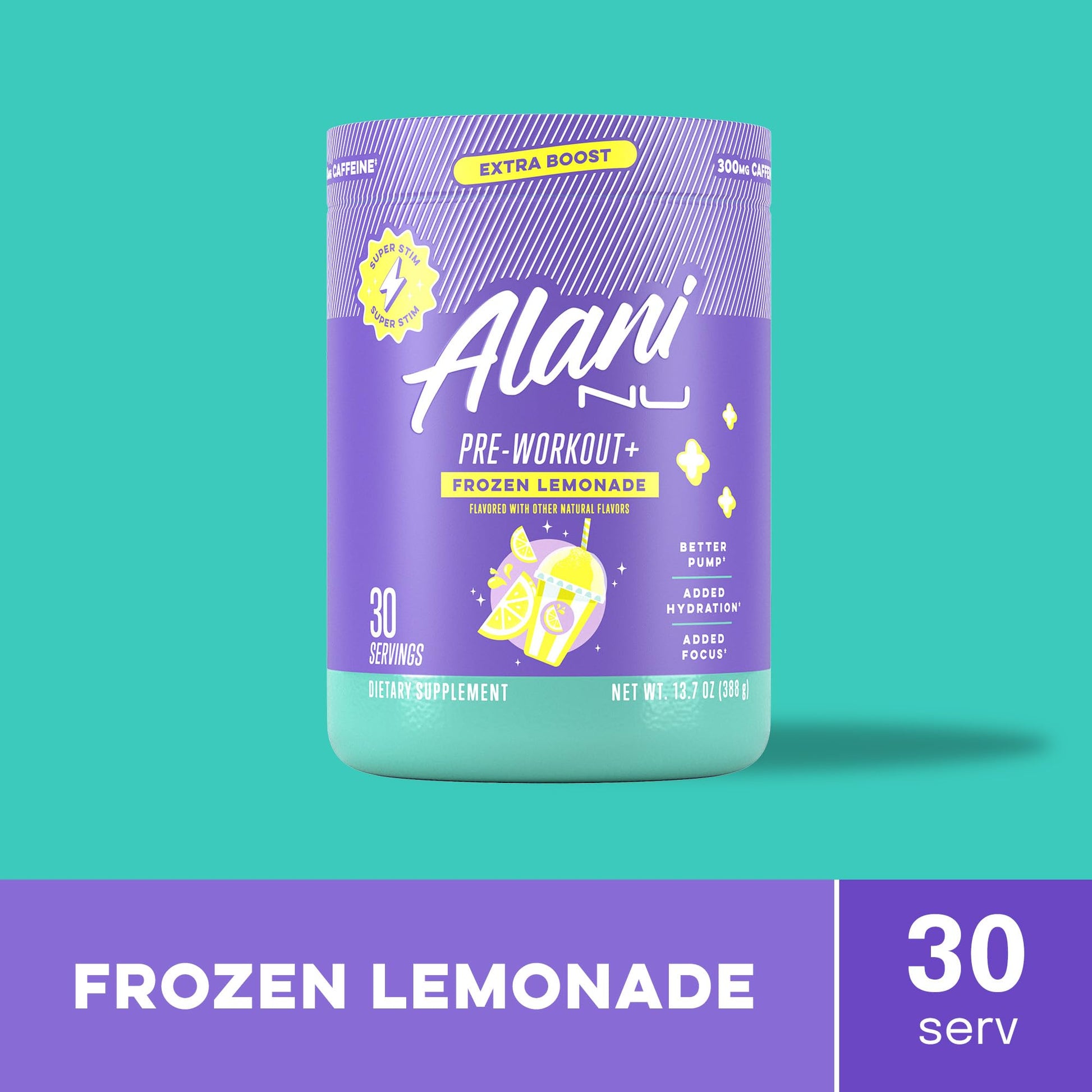 Alani Nu Pre Workout+ Powder Frozen Lemonade, Extra Boost, Sugar Free, 300mg Caffeine, L-Theanine, Beta-Alanine, Citrulline, 30 Servings - Maple Wellness Supplements