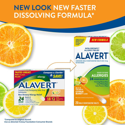 Alavert 24 Hour Allergy Relief Tablets, Non-Drowsy Antihistamine, Orally Disintegrating Allergy Tablets, Loratadine 10 mg, Citrus Burst Flavor, 18 Count - Maple Wellness Supplements