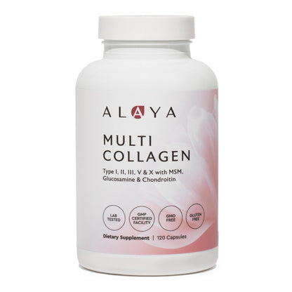 Alaya Naturals Hydrolyzed Multi Collagen Peptides Protein Capsules - Type I, II, III, V, X Grass-Fed Bovine, Chicken, Marine Collagen Supplement with MSM - Maple Wellness Supplements
