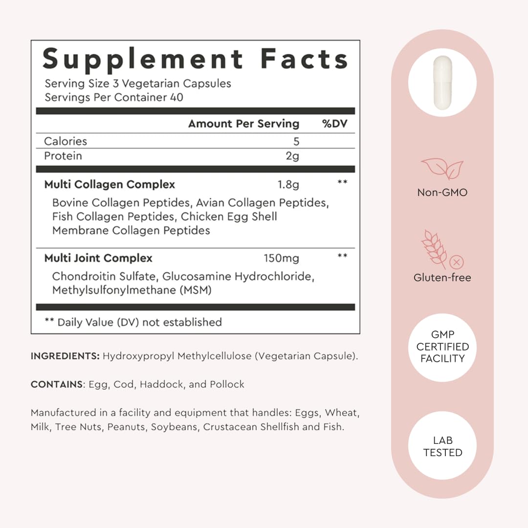 Alaya Naturals Hydrolyzed Multi Collagen Peptides Protein Capsules - Type I, II, III, V, X Grass-Fed Bovine, Chicken, Marine Collagen Supplement with MSM - Maple Wellness Supplements