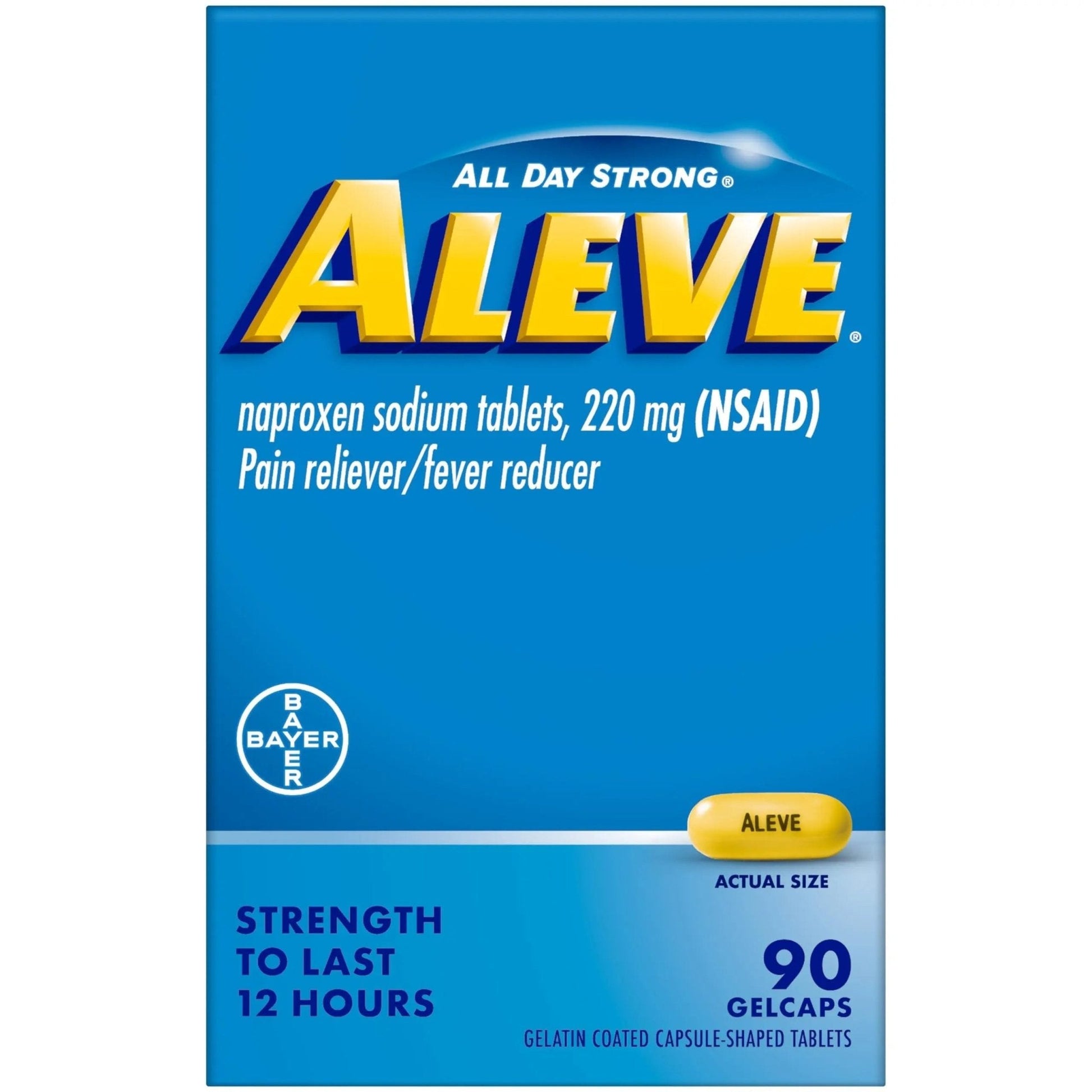 Aleve Pain Reliever & Fever Reducer Gelcaps, Naproxen Sodium, Headache and Back and Body Pain Relief Medicine, for Adults and Children Ages 12 and Up, 90 Count - Maple Wellness Supplements