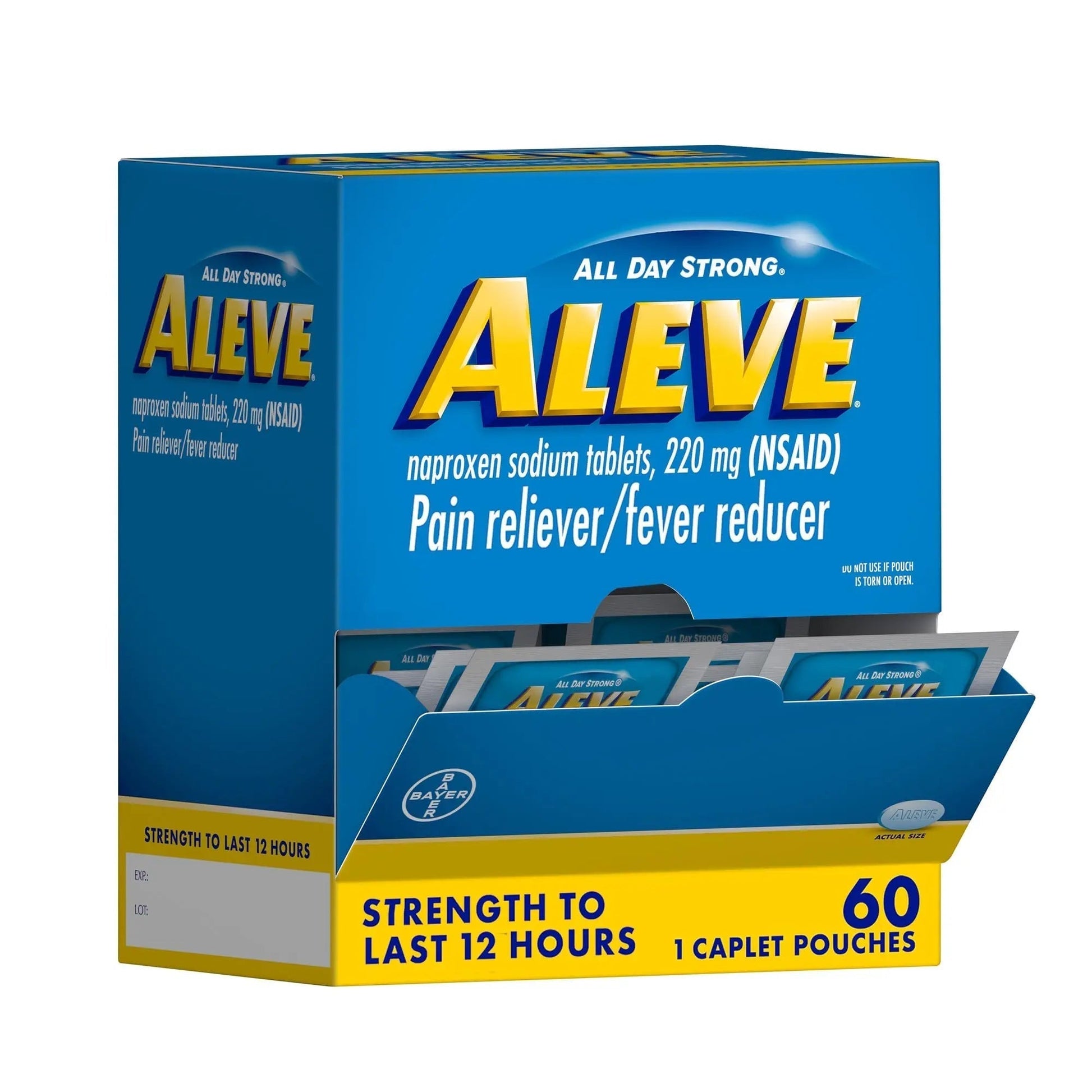 Aleve Pain Reliever & Fever Reducer Naproxen Sodium Caplets, Body and Arthritis Pain Reliever, Medicine for Adults and Children Ages 12 and Up, 60 Individual Pouches - Maple Wellness Supplements