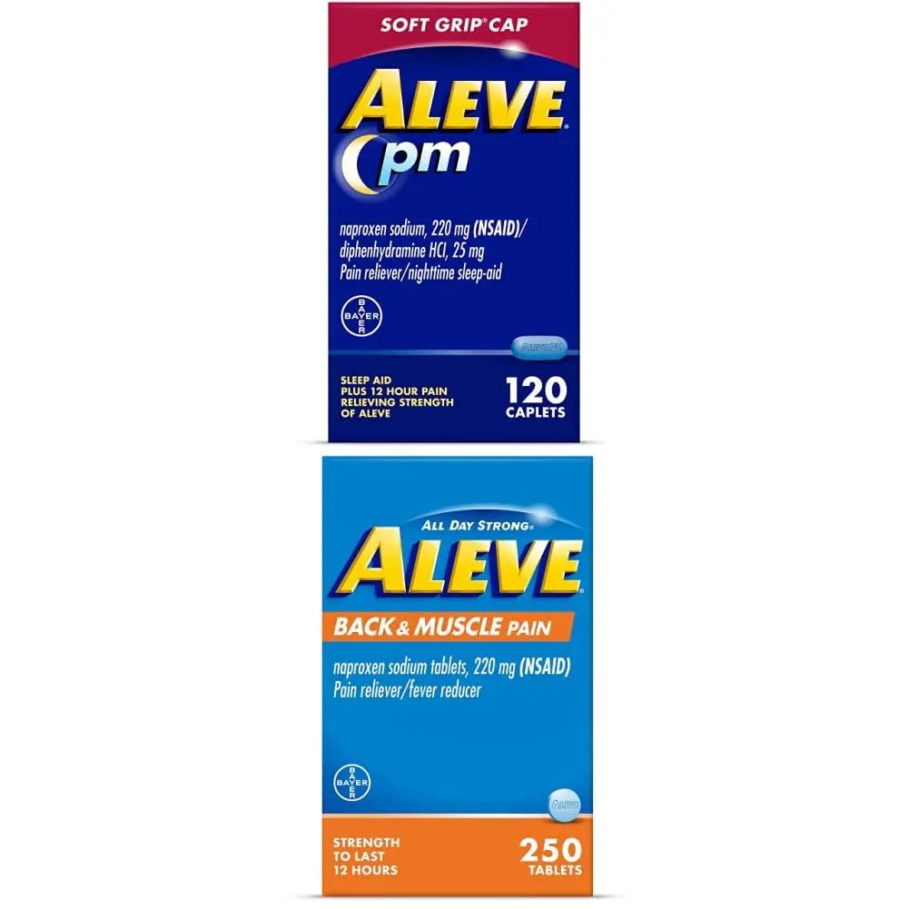 Aleve PM Naproxen Sodium Caplets, 120 Count Back & Muscle with Naproxen, 250 Count, Sleep Aid and Pain Relief - Maple Wellness Supplements
