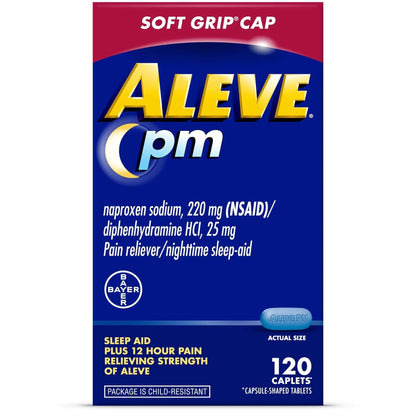 Aleve PM Sleep Aid Plus Pain Reliever Caplets, Naproxen Sodium & Diphenhydramine HCl, Nighttime, 120 Count - Maple Wellness Supplements