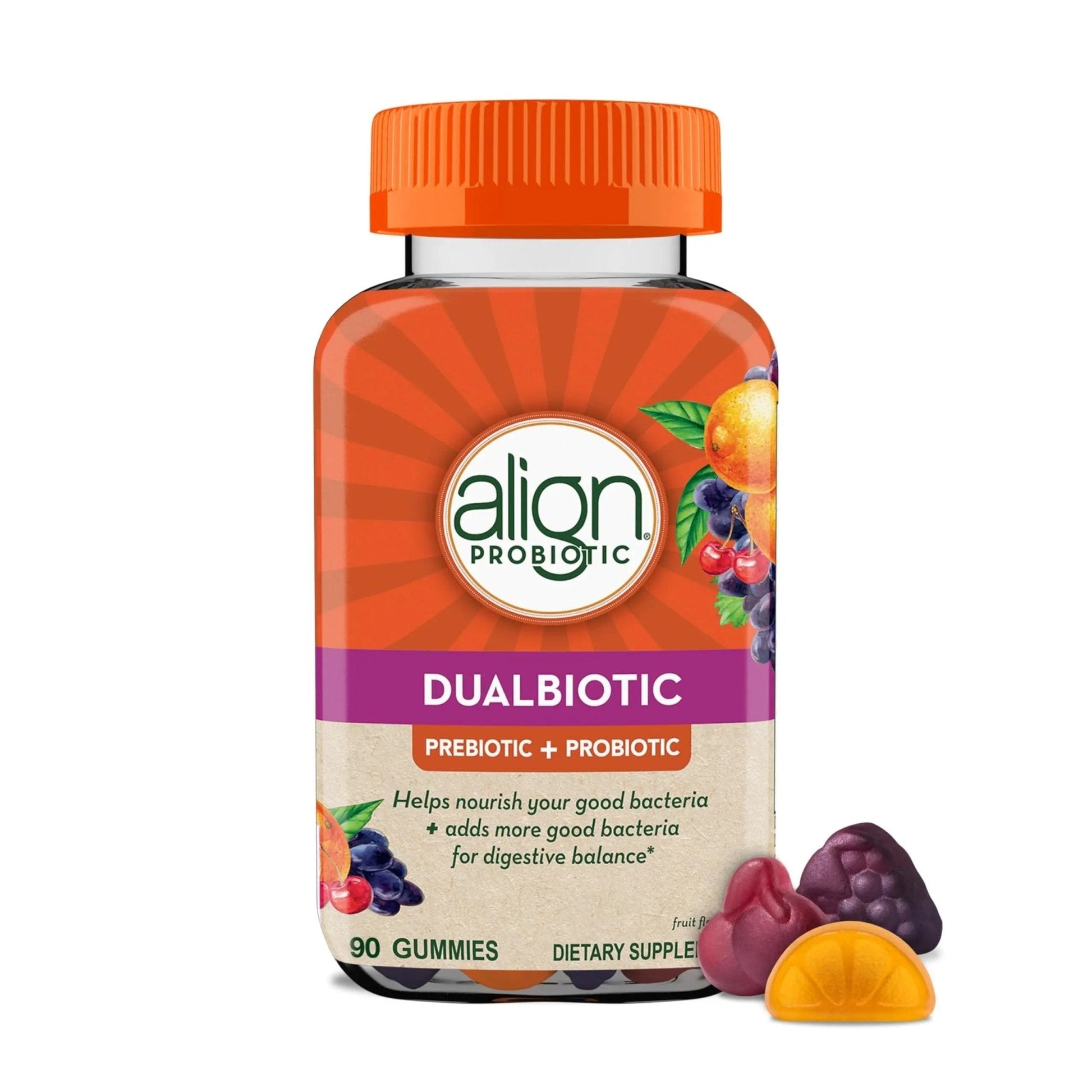 Align Dualbiotic, Prebiotics and Probiotics for Women and Men, Probiotics for Digestive Health, Prebiotics Help Nourish Good Bacteria, Natural Fruit Flavors, 90 Probiotic Gummies - Maple Wellness Supplements