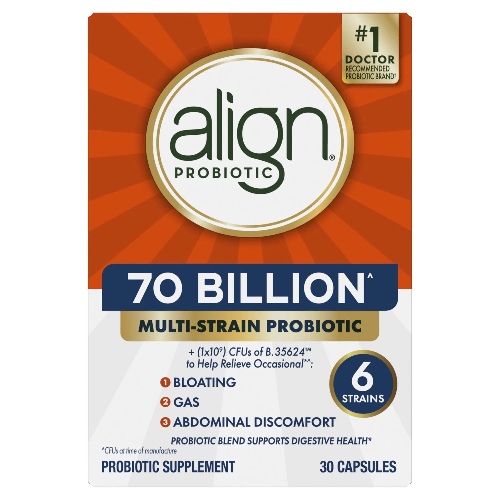 Align Probiotic, 70 Billion CFU, 6 Strain Blend, Probiotics for Women and Men, Daily Probiotics for Digestive Health, Helps Relieve Occasional Bloating & Gas 30 Capsules - Maple Wellness Supplements