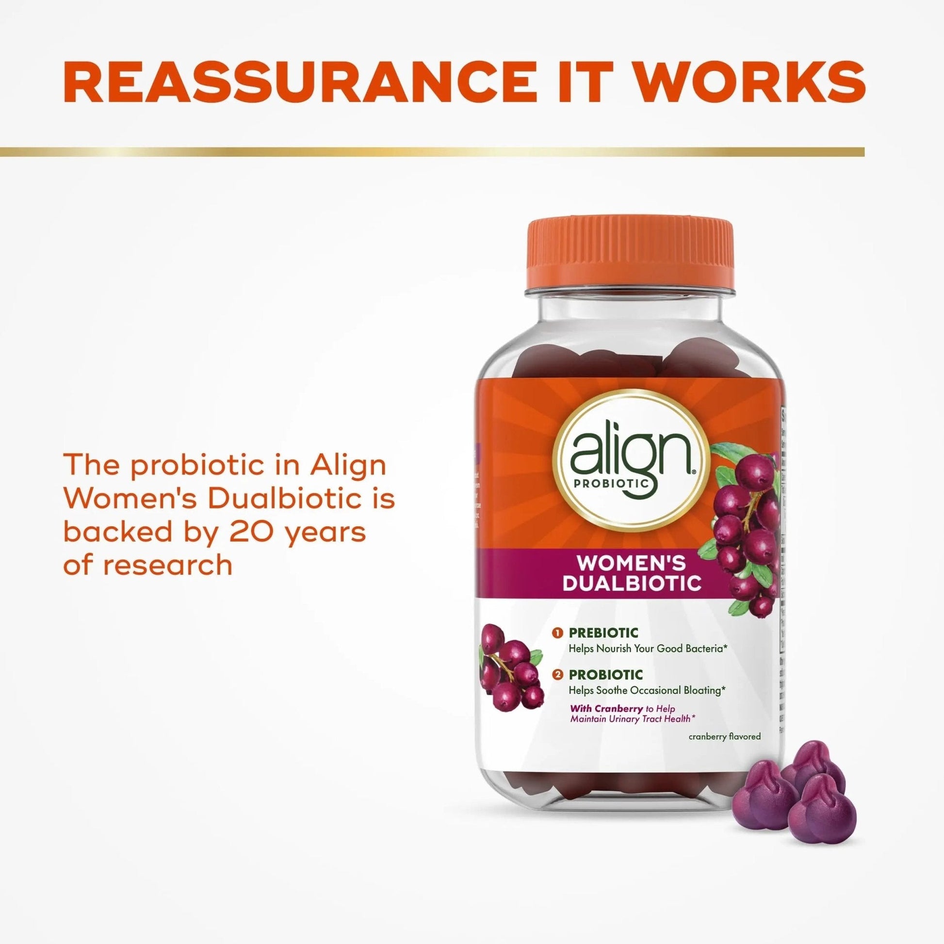 Align Probiotic, Women's Dualbiotic, Womens Probiotic Gummies, Prebiotics and Probiotics for Women, with Cranberry for Urinary Tract Health*, Cranberry Flavor, 90 Gummies - Maple Wellness Supplements