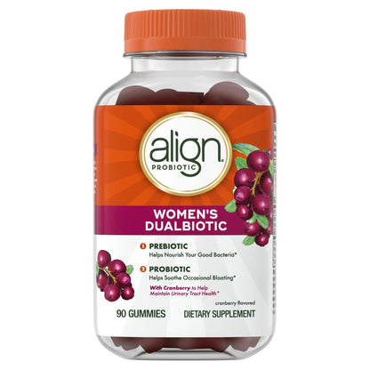 Align Probiotic, Women's Dualbiotic, Womens Probiotic Gummies, Prebiotics and Probiotics for Women, with Cranberry for Urinary Tract Health*, Cranberry Flavor, 90 Gummies - Maple Wellness Supplements