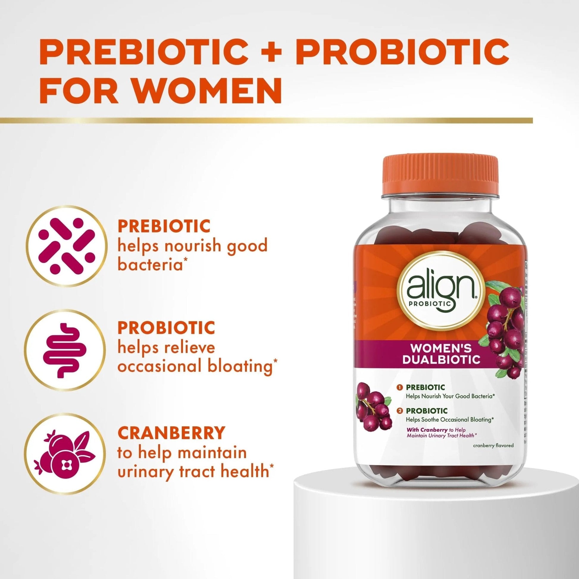 Align Probiotic, Women's Dualbiotic, Womens Probiotic Gummies, Prebiotics and Probiotics for Women, with Cranberry for Urinary Tract Health*, Cranberry Flavor, 90 Gummies - Maple Wellness Supplements