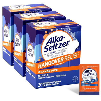 Alka-Seltzer Hangover Relief Tablets, Fast Relief Starts In About 15 Minutes for Headaches, Body Aches & Mental Fatigue, Bachelorette & Bachelor Party Packs 60 Count (3 Boxes, 20 Tablets Each) - Maple Wellness Supplements