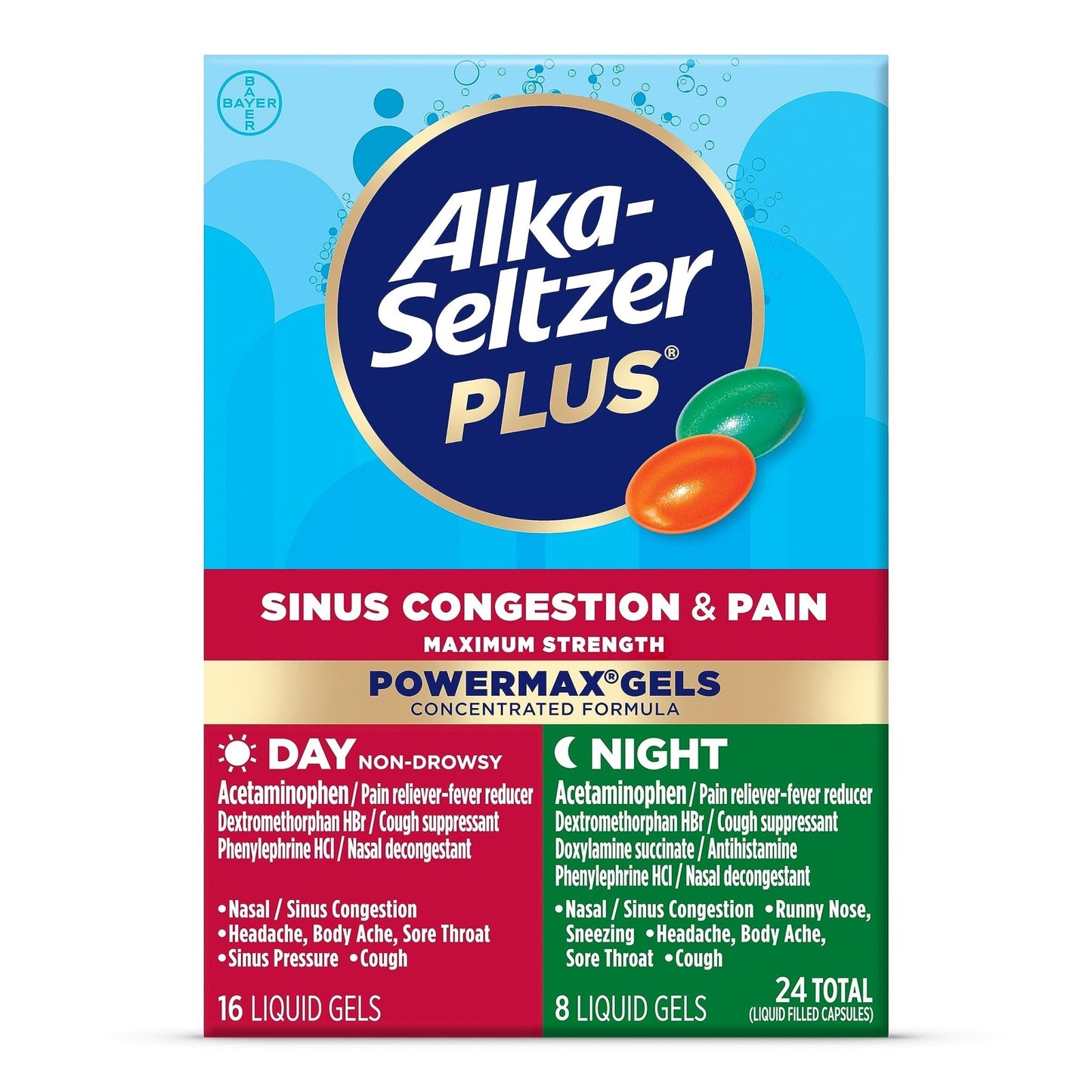 Alka-Seltzer Plus Maximum Strength PowerMax Sinus Congestion & Pain Medicine, Day + Night Liquid Gels - Powerful Relief for Cold and Flu, + Sinus Congestion for Adults and Children 12+ Years, 24 Count - Maple Wellness Supplements