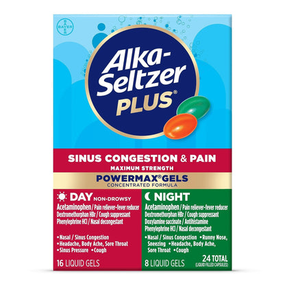 Alka-Seltzer Plus Maximum Strength PowerMax Sinus Congestion & Pain Medicine, Day + Night Liquid Gels - Powerful Relief for Cold and Flu, + Sinus Congestion for Adults and Children 12+ Years, 24 Count - Maple Wellness Supplements
