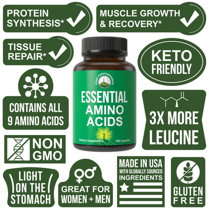 All 9 Essential Amino Acids Supplement. Capsules with 3X More Leucine for Muscle Recovery, Growth. EAA Supplement Better Than BCAA / BCAAS Branched Chain Aminos Acid. - Maple Wellness Supplements