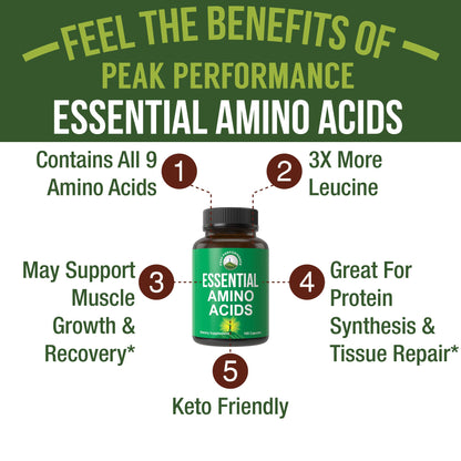 All 9 Essential Amino Acids Supplement. Capsules with 3X More Leucine for Muscle Recovery, Growth. EAA Supplement Better Than BCAA / BCAAS Branched Chain Aminos Acid. - Maple Wellness Supplements
