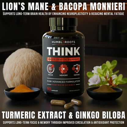 All-Natural Brain Supplement for Memory and Focus - Caffeine-Free Long-Term Cognitive Support - 10 Nootropic Ingredients Including Lion’s Mane, Bacopa, Turmeric, Ginkgo & Huperzine A - 90 Capsules - Maple Wellness Supplements