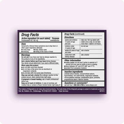 Allegra Adult 24-Hour Allergy Relief Tablets, Non-Drowsy Indoor and Outdoor Allergy Medicine, 180 mg Fexofenadine HCI Antihistamine Pill, 100-Count - Maple Wellness Supplements
