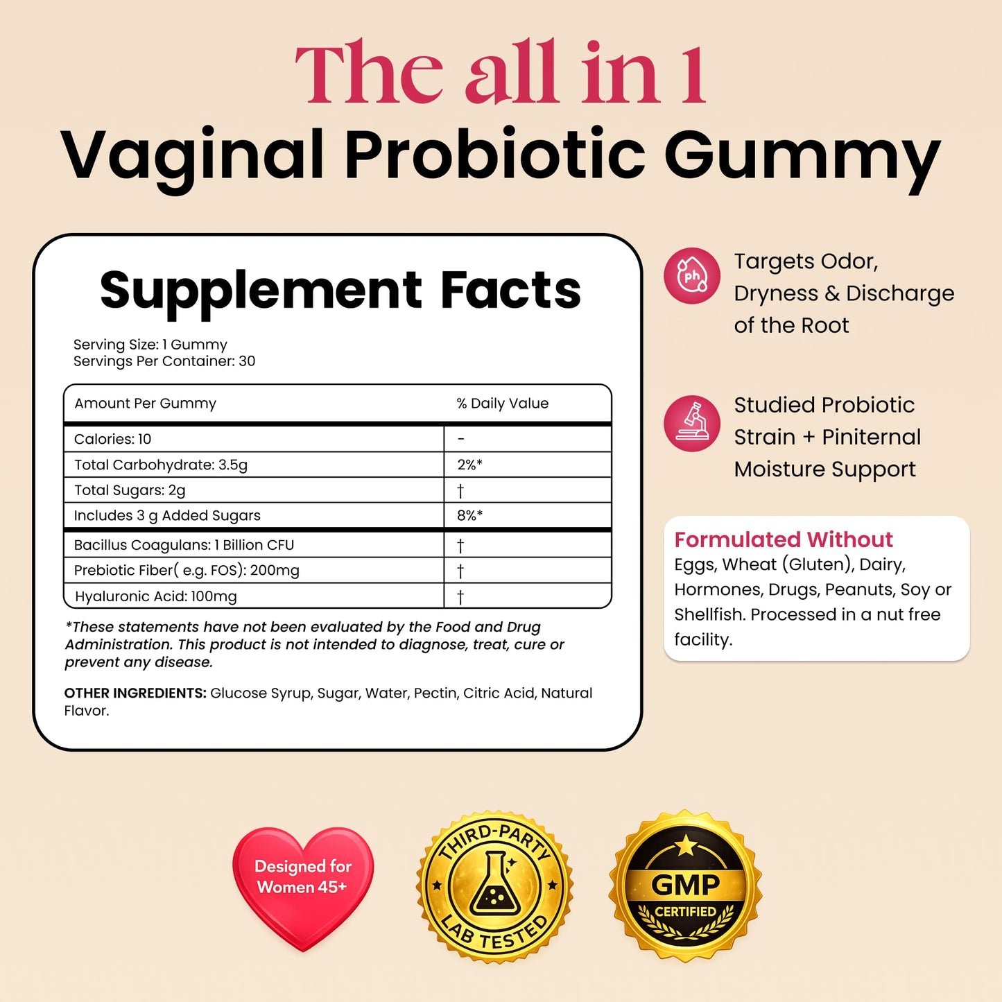 ALLFEMME Flora+ Women’s Vaginal Probiotic Gummies for pH Balance, Odor and Freshness Support with Prebiotics & Hyaluronic Acid - Maple Wellness Supplements
