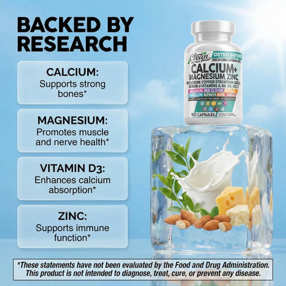 Allin1 Calcium Magnesium Zinc Supplement with Potassium, Copper, Strontium, Silica, Vitamin D3 K2, Boron, Vitamin B1 B12 Red Clover Herb Alfalfa Basil Pills for Men - Maple Wellness Supplements