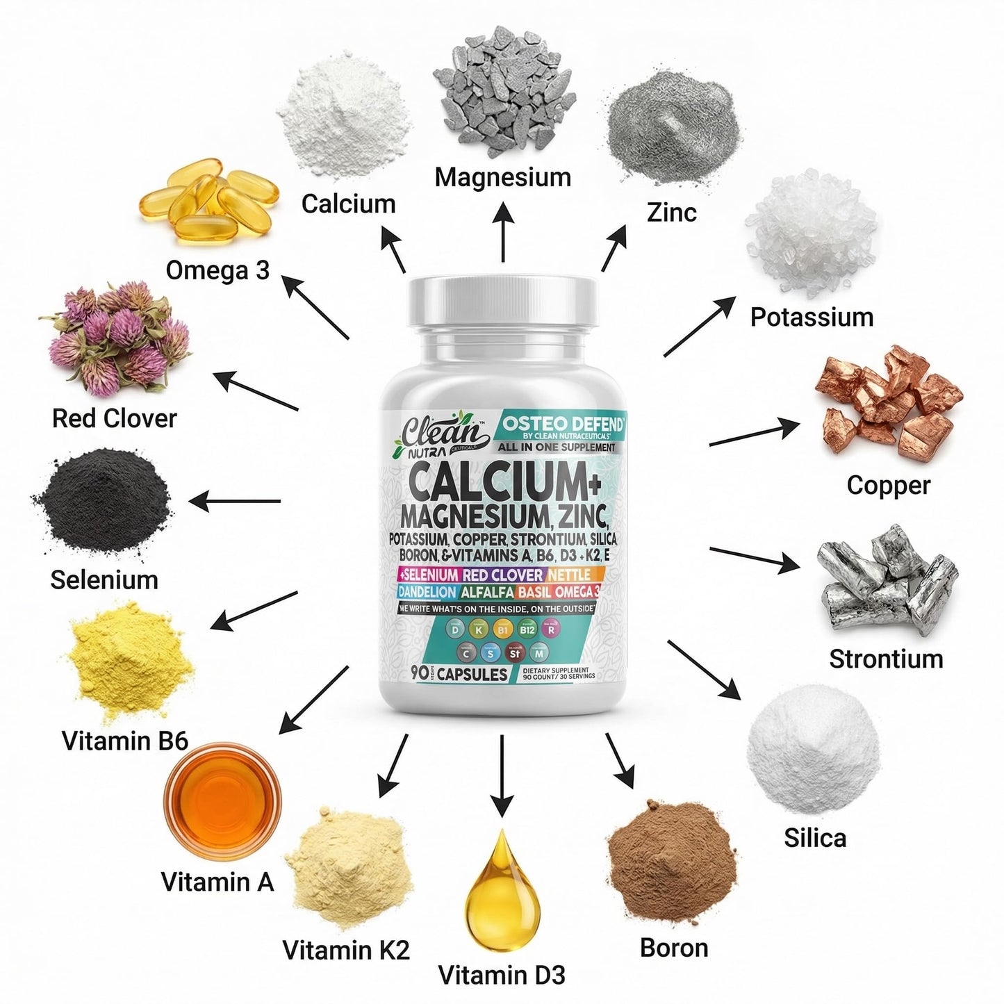 Allin1 Calcium Magnesium Zinc Supplement with Potassium, Copper, Strontium, Silica, Vitamin D3 K2, Boron, Vitamin B1 B12 Red Clover Herb Alfalfa Basil Pills for Men - Maple Wellness Supplements