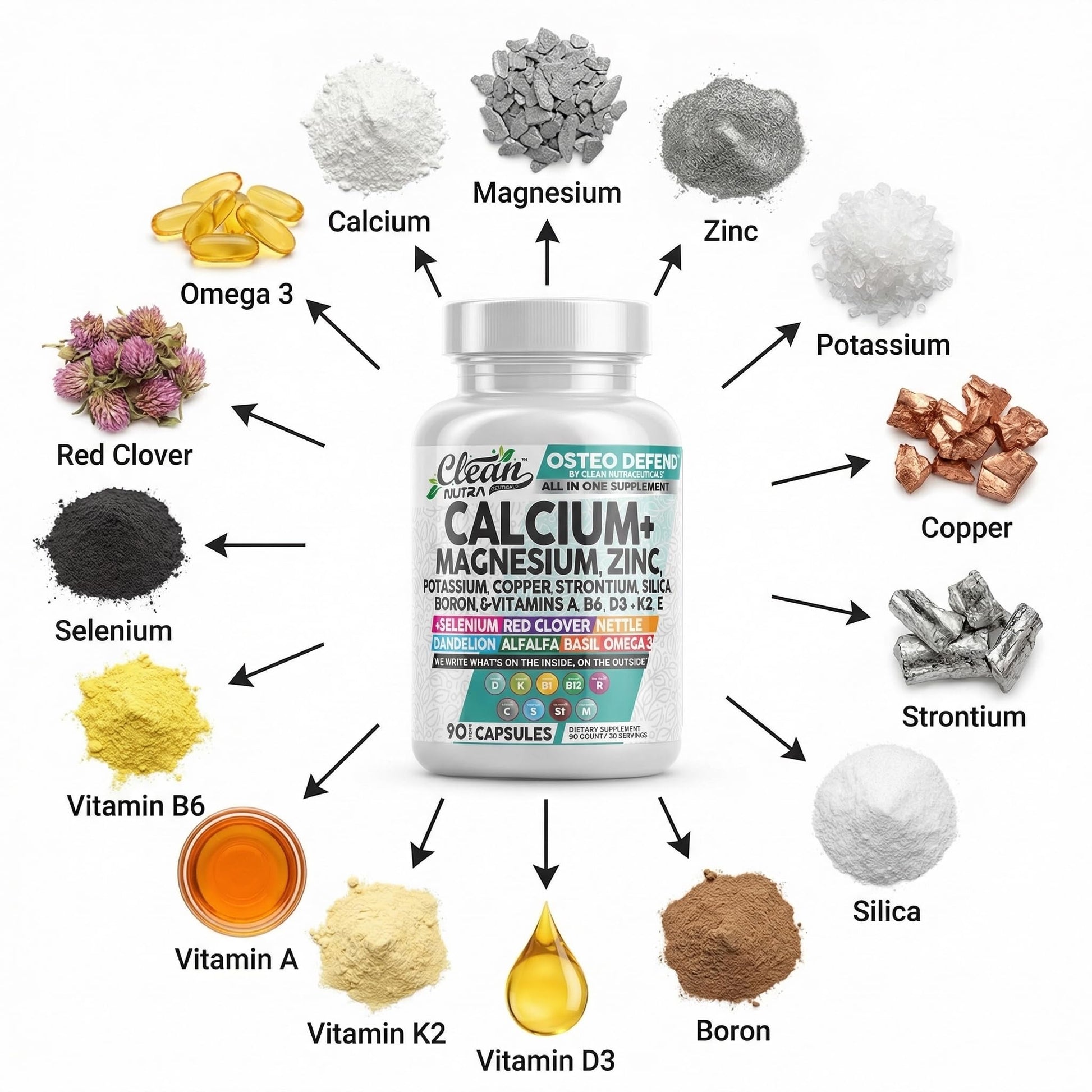 Allin1 Calcium Magnesium Zinc Supplement with Potassium, Copper, Strontium, Silica, Vitamin D3 K2, Boron, Vitamin B1 B12 Red Clover Herb Alfalfa Basil Pills for Men - Maple Wellness Supplements