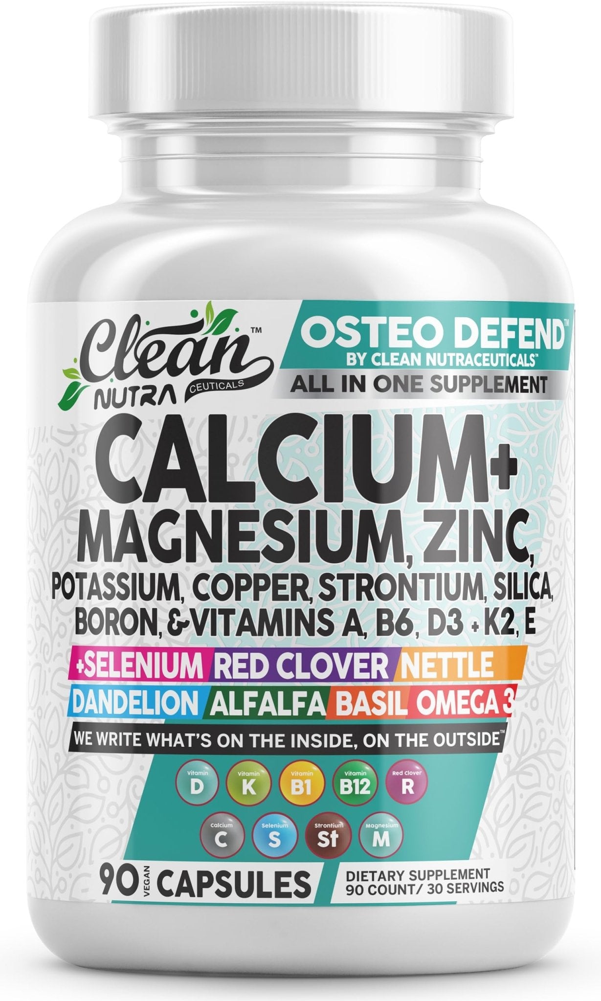 Allin1 Calcium Magnesium Zinc Supplement with Potassium, Copper, Strontium, Silica, Vitamin D3 K2, Boron, Vitamin B1 B12 Red Clover Herb Alfalfa Basil Pills for Men - Maple Wellness Supplements