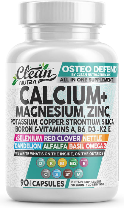 Allin1 Calcium Magnesium Zinc Supplement with Potassium, Copper, Strontium, Silica, Vitamin D3 K2, Boron, Vitamin B1 B12 Red Clover Herb Alfalfa Basil Pills for Men - Maple Wellness Supplements