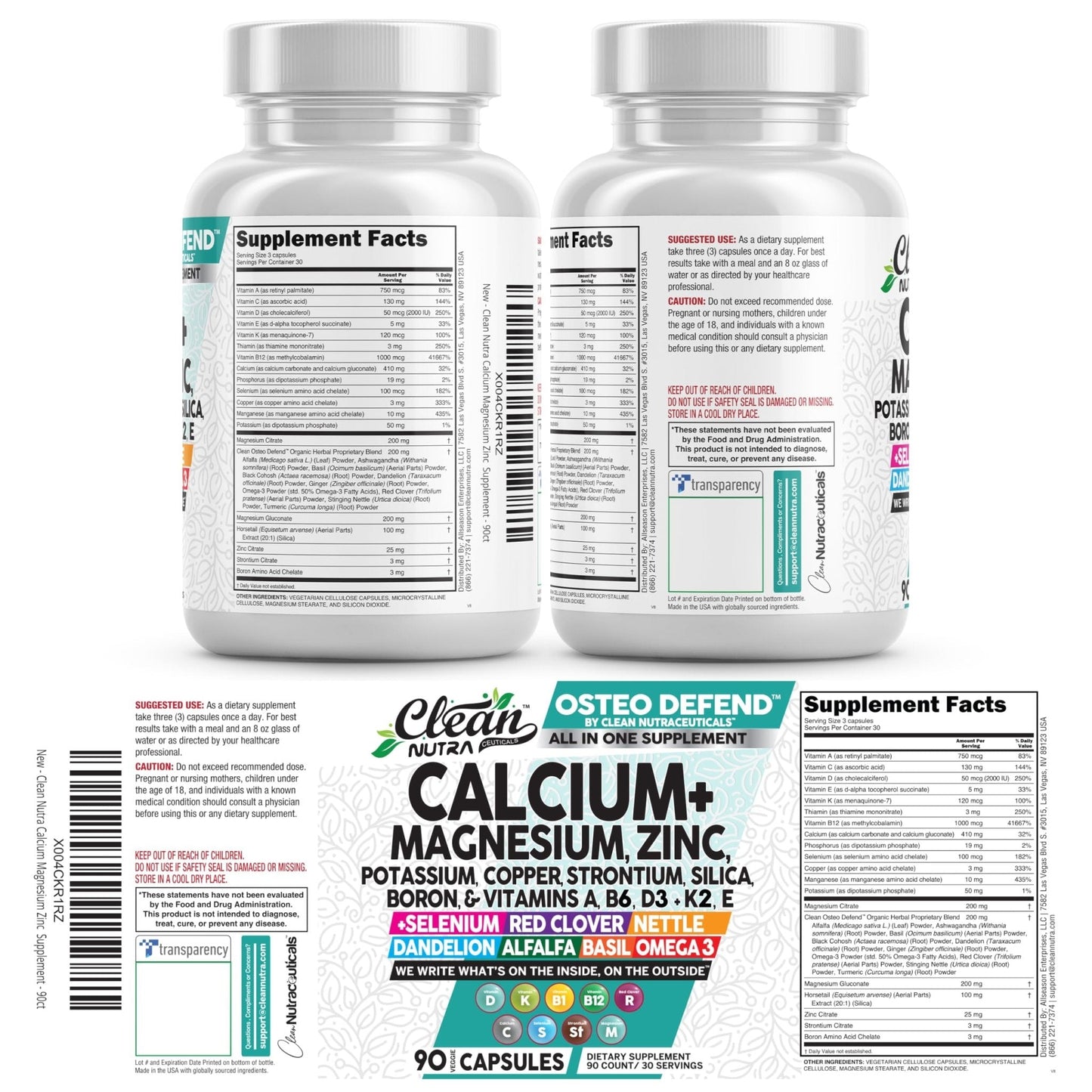 Allin1 Calcium Magnesium Zinc Supplement with Potassium, Copper, Strontium, Silica, Vitamin D3 K2, Boron, Vitamin B1 B12 Red Clover Herb Alfalfa Basil Pills for Men - Maple Wellness Supplements