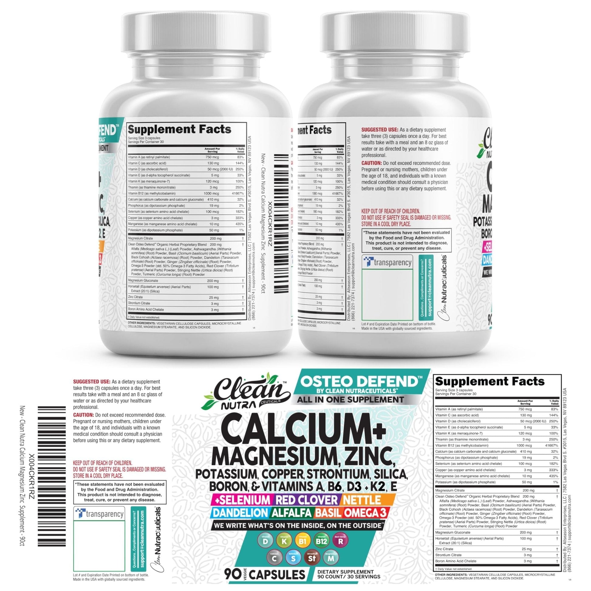 Allin1 Calcium Magnesium Zinc Supplement with Potassium, Copper, Strontium, Silica, Vitamin D3 K2, Boron, Vitamin B1 B12 Red Clover Herb Alfalfa Basil Pills for Men - Maple Wellness Supplements