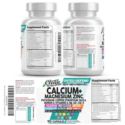 Allin1 Calcium Magnesium Zinc Supplement with Potassium, Copper, Strontium, Silica, Vitamin D3 K2, Boron, Vitamin B1 B12 Red Clover Herb Alfalfa Basil Pills for Men - Maple Wellness Supplements