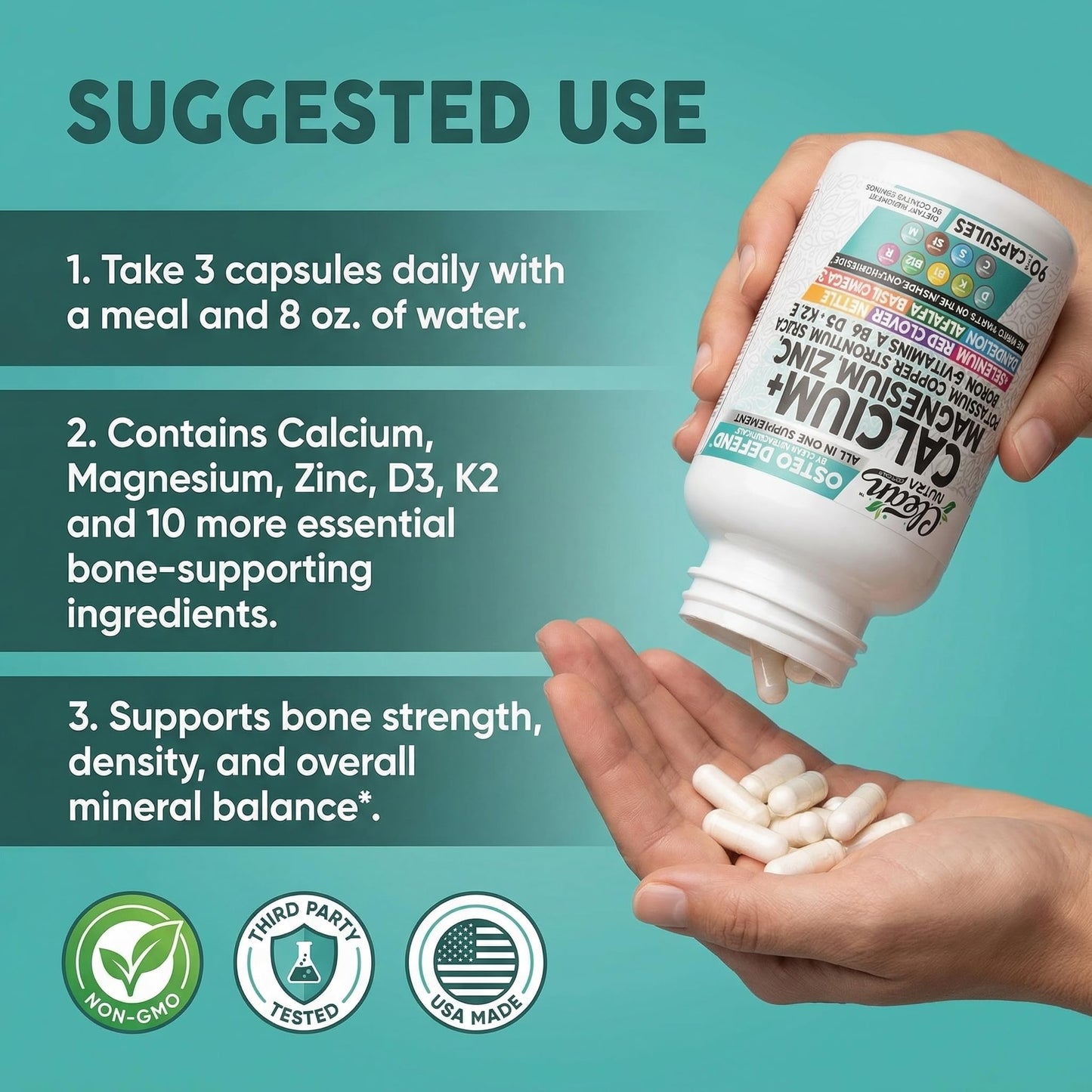 Allin1 Calcium Magnesium Zinc Supplement with Potassium, Copper, Strontium, Silica, Vitamin D3 K2, Boron, Vitamin B1 B12 Red Clover Herb Alfalfa Basil Pills for Men - Maple Wellness Supplements