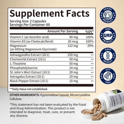 Alliwise Cortisol Supplements for Women and Men with Magnesium, Ashwagandha,L-Theanine,Chamomile & PS,High Cortisol Reducer, Manager, Detox, Lower for Mood,Focus,Sleep,Non-Drowsy,No Melatonin - Maple Wellness Supplements