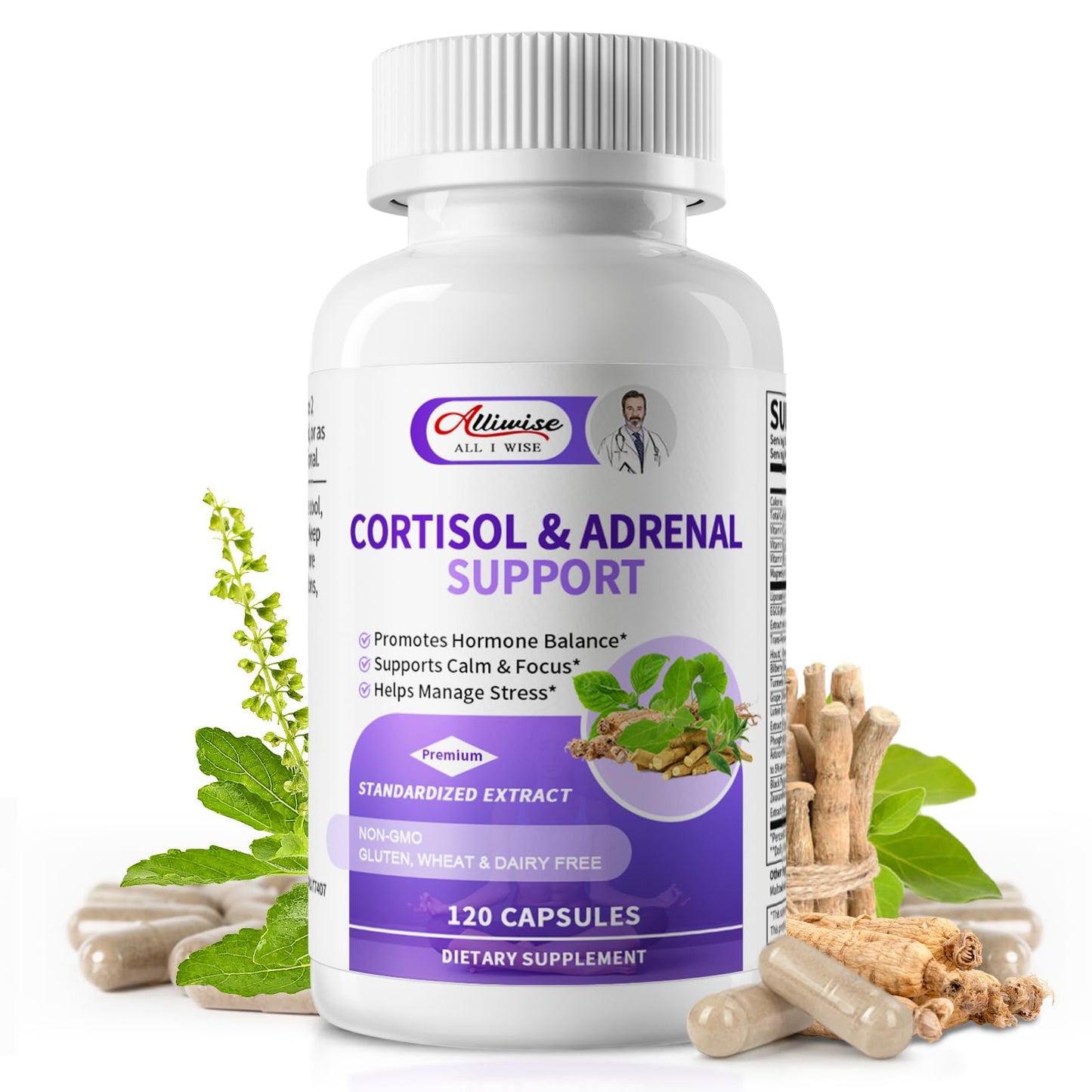 Alliwise Cortisol Supplements for Women & Men - Adrenal Support with Ashwagandha, L-Theanine & Holy Basil for Stress Relief, Mood & Steady Focus - Hormone Balance - 120 Vegan Capsules - Maple Wellness Supplements