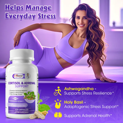 Alliwise Cortisol Supplements for Women & Men - Adrenal Support with Ashwagandha, L-Theanine & Holy Basil for Stress Relief, Mood & Steady Focus - Hormone Balance - 120 Vegan Capsules - Maple Wellness Supplements
