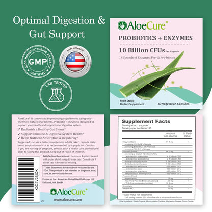 AloeCure Daily Probiotics 10 Billion CFU for Digestive Support 8 Strains, 6 Prebiotics & Enzymes - Digestive Supplement with Bromelain for Women & Men - Maple Wellness Supplements