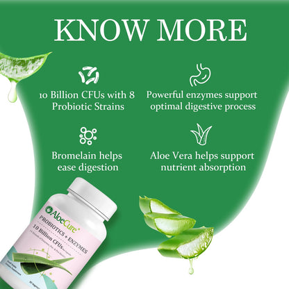 AloeCure Daily Probiotics 10 Billion CFU for Digestive Support 8 Strains, 6 Prebiotics & Enzymes - Digestive Supplement with Bromelain for Women & Men - Maple Wellness Supplements
