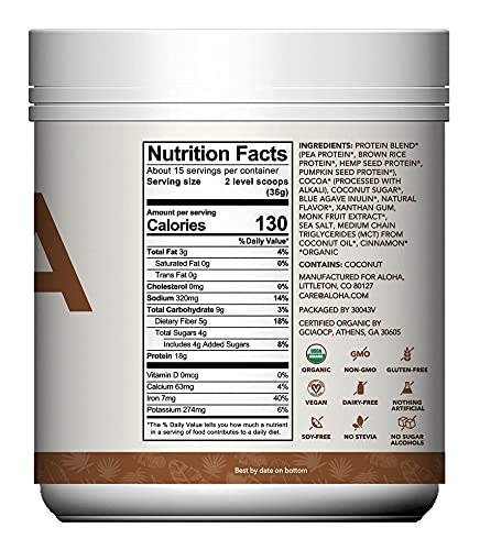 ALOHA Organic Plant Based Protein Powder, Stevia Free, Chocolate, 19.6 oz, 15 Servings - Maple Wellness Supplements