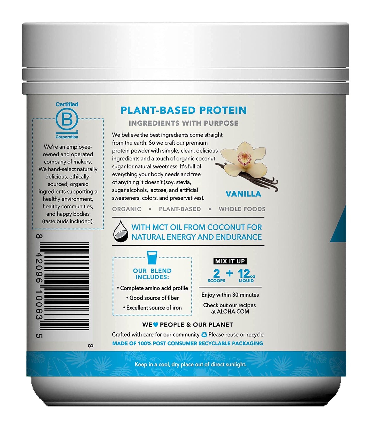 ALOHA Organic Plant Based Protein Powder, Stevia Free, Vanilla, 19.6 oz, 15 Servings PACKAGING MAY VARY - Maple Wellness Supplements