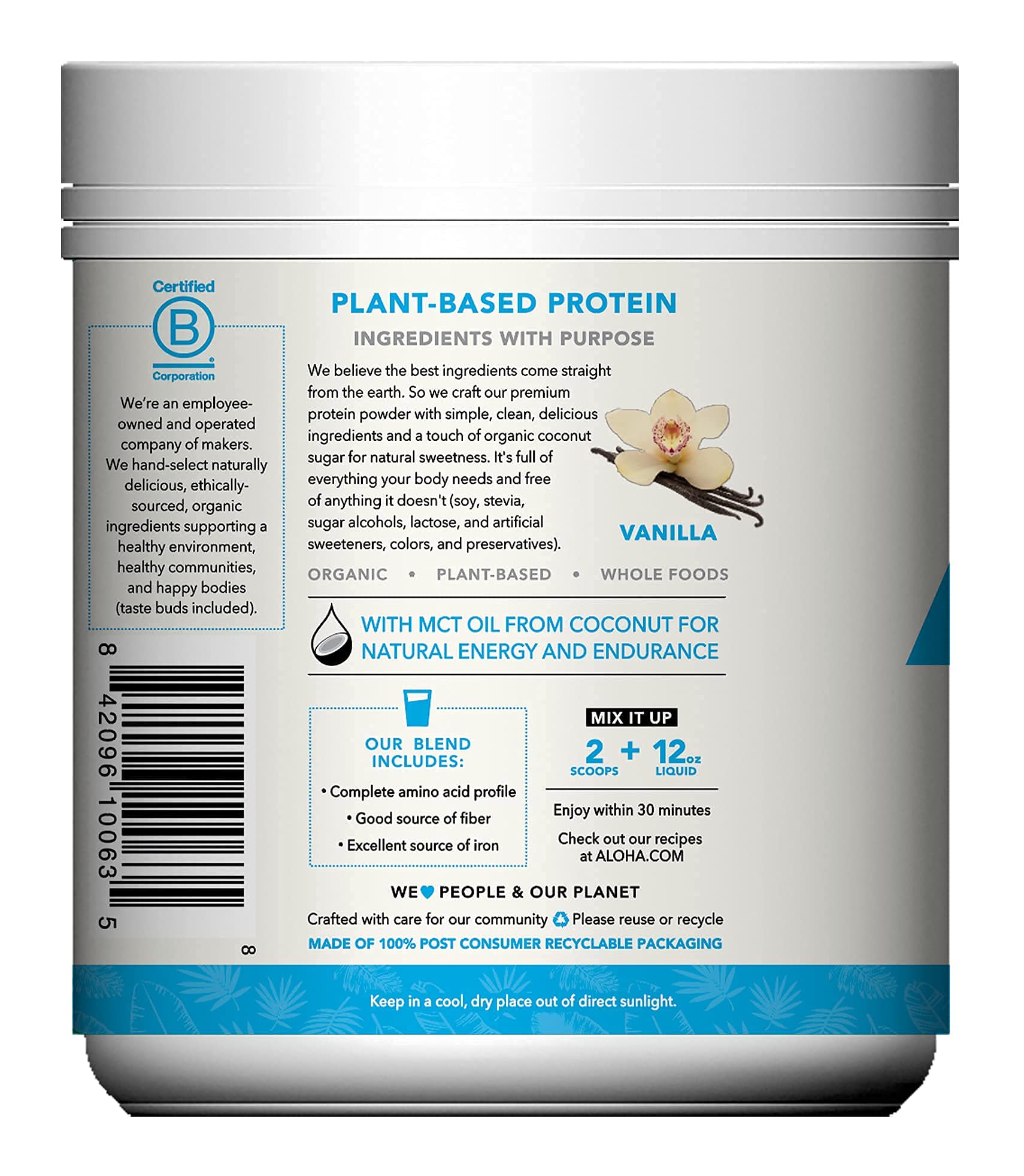 ALOHA Organic Plant Based Protein Powder, Stevia Free, Vanilla, 19.6 oz, 15 Servings PACKAGING MAY VARY - Maple Wellness Supplements
