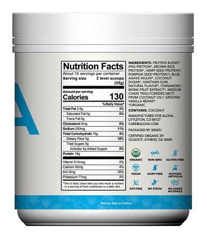 ALOHA Organic Plant Based Protein Powder, Stevia Free, Vanilla, 19.6 oz, 15 Servings PACKAGING MAY VARY - Maple Wellness Supplements