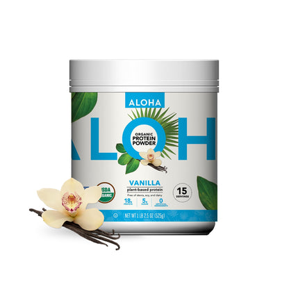 ALOHA Organic Plant Based Protein Powder, Stevia Free, Vanilla, 19.6 oz, 15 Servings PACKAGING MAY VARY - Maple Wellness Supplements