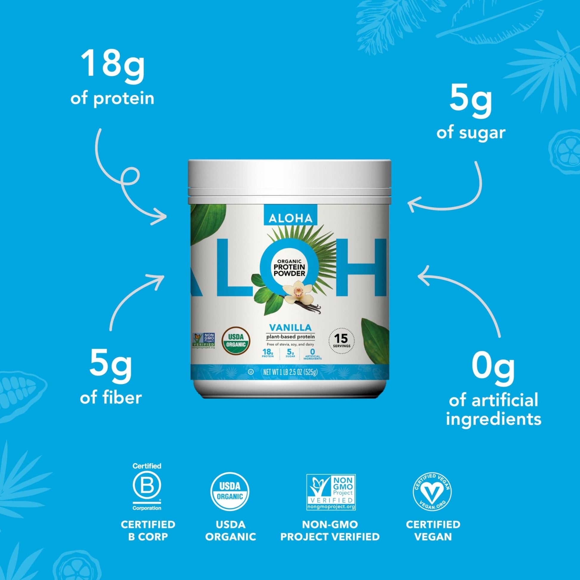ALOHA Organic Plant Based Protein Powder, Stevia Free, Vanilla, 19.6 oz, 15 Servings PACKAGING MAY VARY - Maple Wellness Supplements