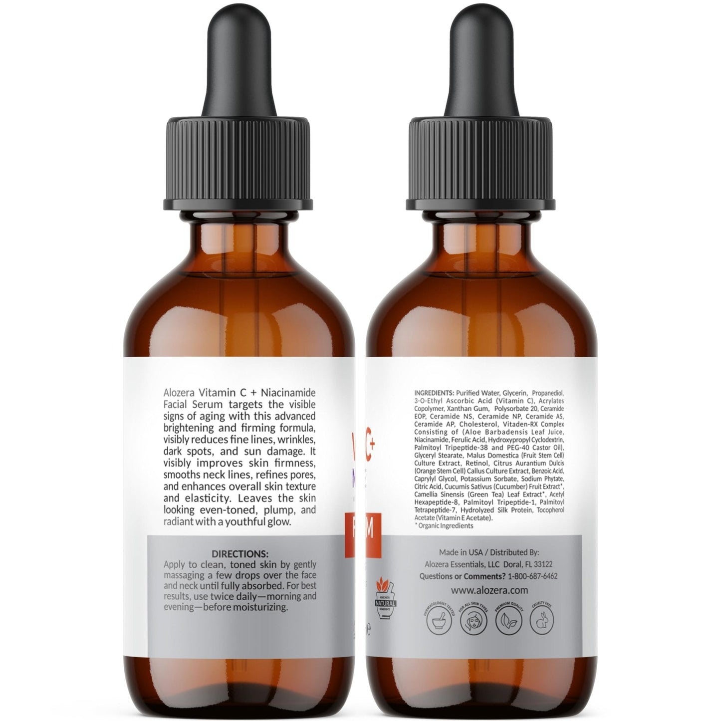 Alozera Vitamin C Facial Serum with Niacinamide & Ferulic Acid, Anti-Aging Serum for Visible Brightening, Glowing & Radiant Skin, Concentrated, Gentle & Effective, Day & Night - Maple Wellness Supplements