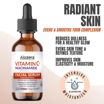 Alozera Vitamin C Facial Serum with Niacinamide & Ferulic Acid, Anti-Aging Serum for Visible Brightening, Glowing & Radiant Skin, Concentrated, Gentle & Effective, Day & Night - Maple Wellness Supplements