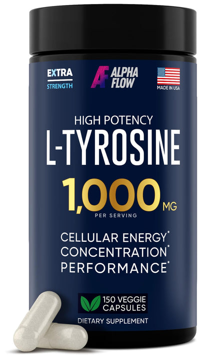 Alpha Flow L Tyrosine 1000MG Capsules - All-Natural L- Tyrosine Supplement for Focus & Energy Boost - Non-GMO & Gluten-Free - Maple Wellness Supplements